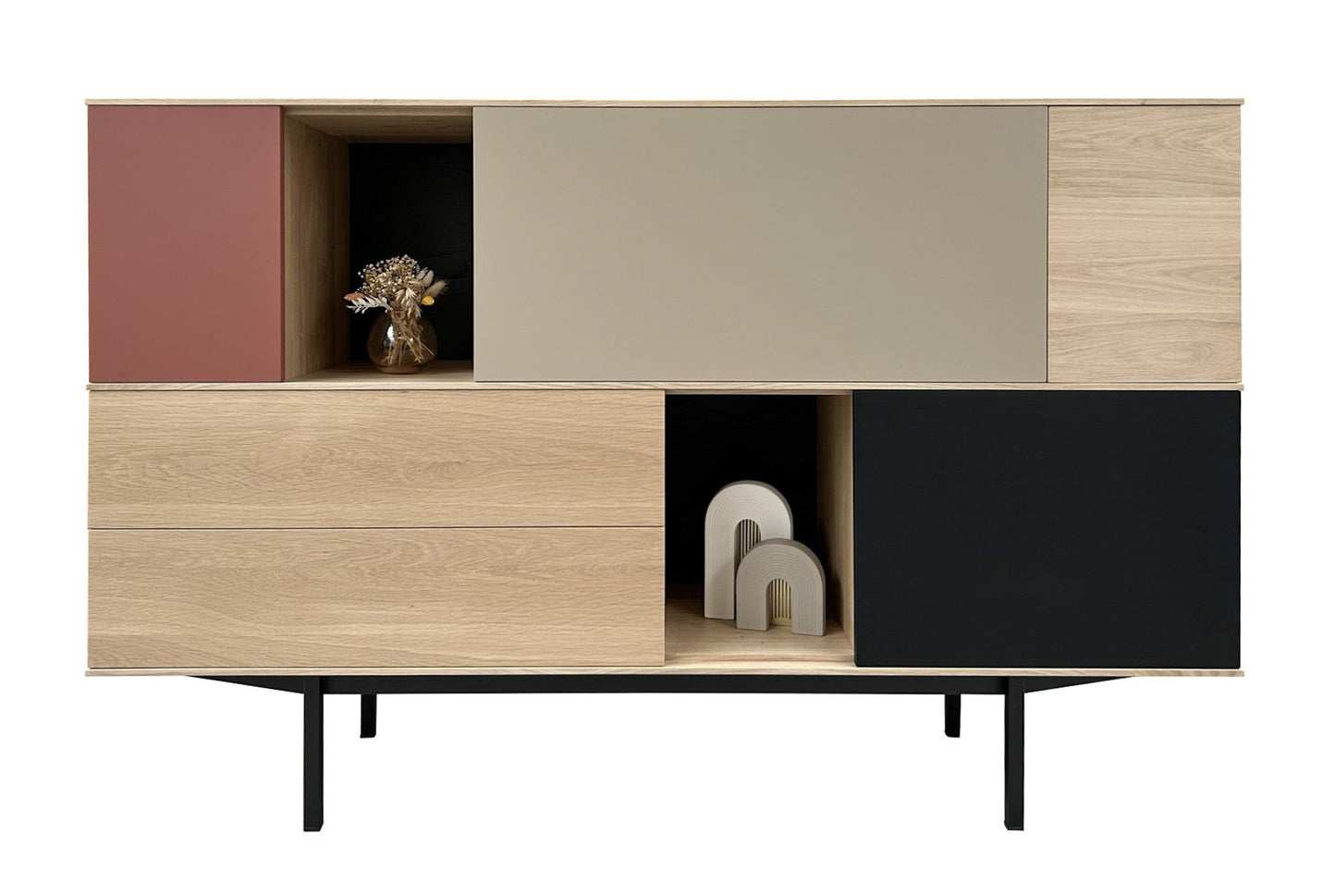Buffet chêne massif, laqué et métal 4 portes 2 tiroirs