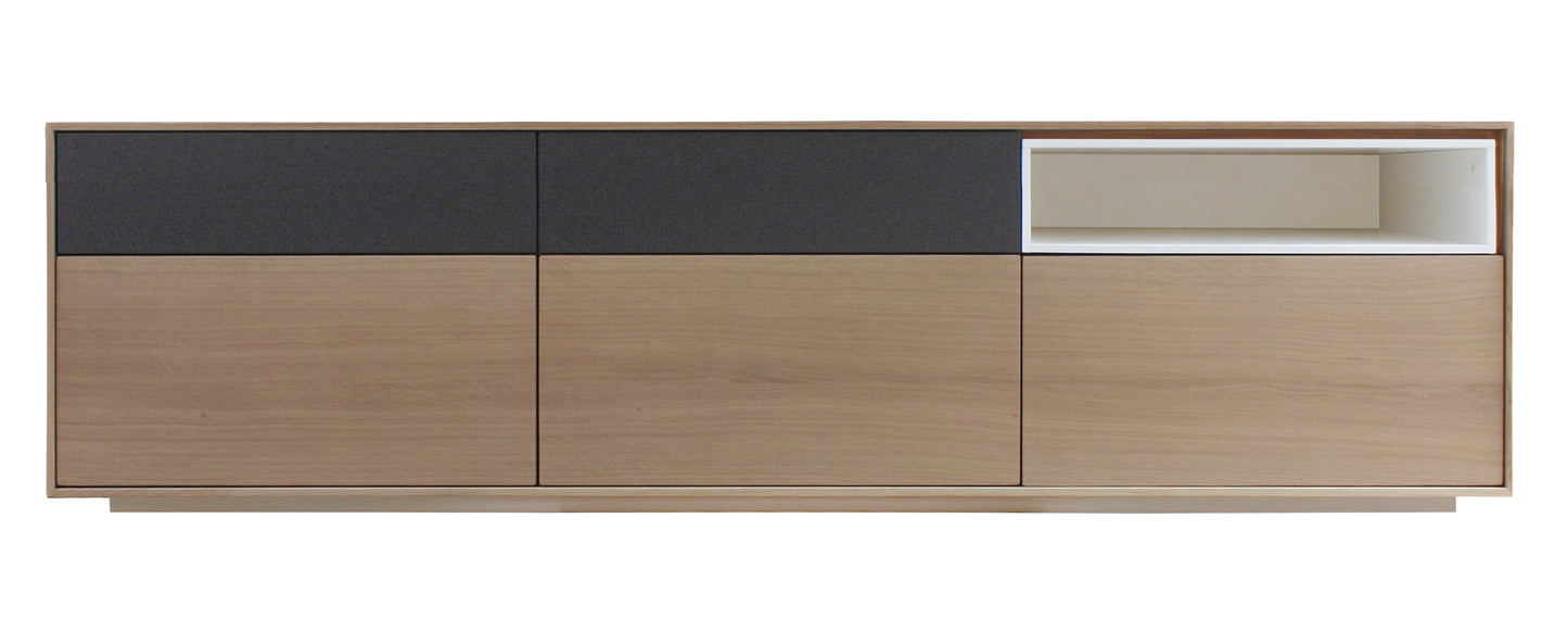Buffet TV chêne massif et laqué 5 tiroirs 1 niche -