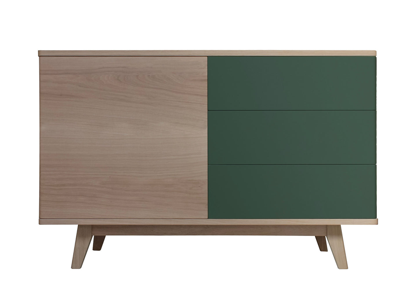 Solid bleached and lacquered oak sideboard, 3 drawers, 1 door - 130L x 48D