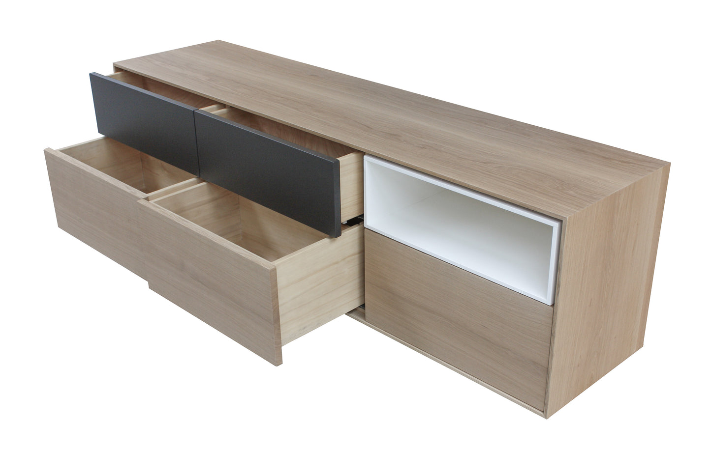 Buffet TV chêne massif et laqué 5 tiroirs 1 niche -