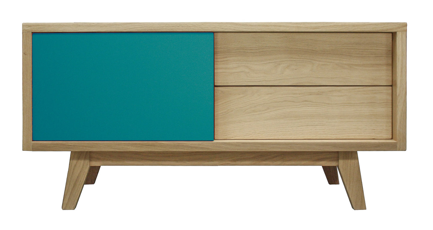 Buffet TV chêne massif et laqué 1 porte 2 tiroirs