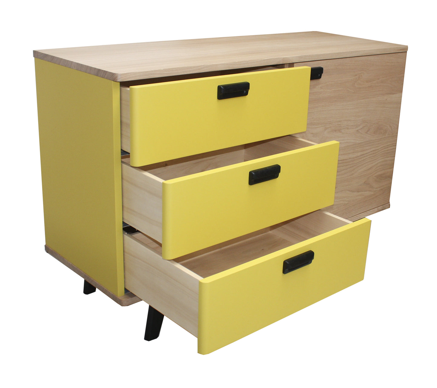 Solid bleached and lacquered oak sideboard, 3 drawers, 1 door - 130L x 48D