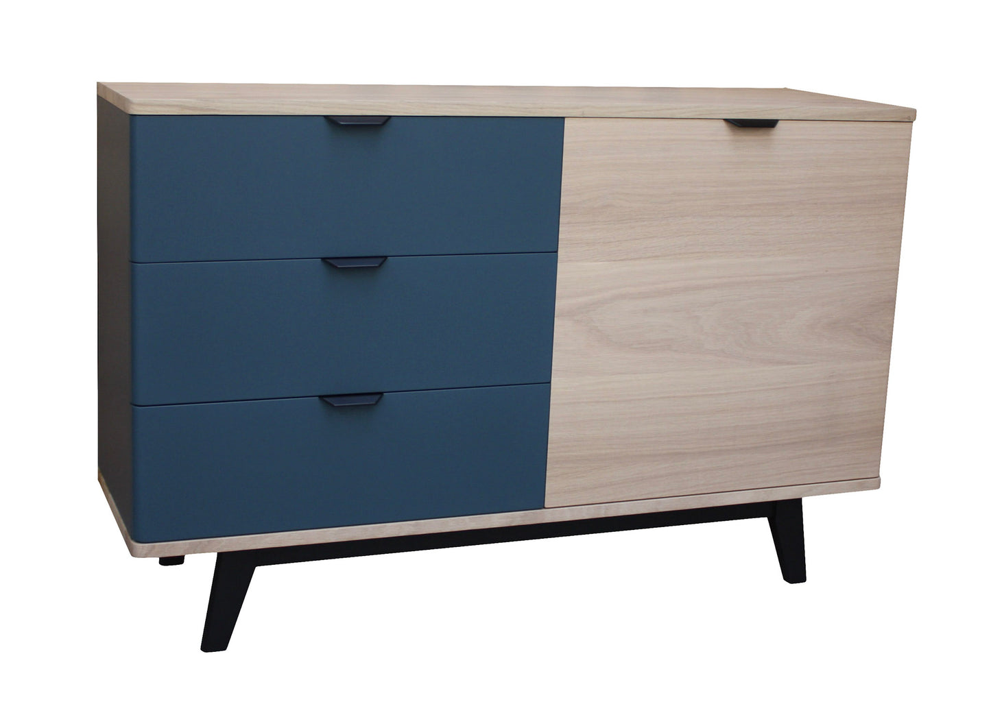Solid bleached and lacquered oak sideboard, 3 drawers, 1 door - 130L x 48D