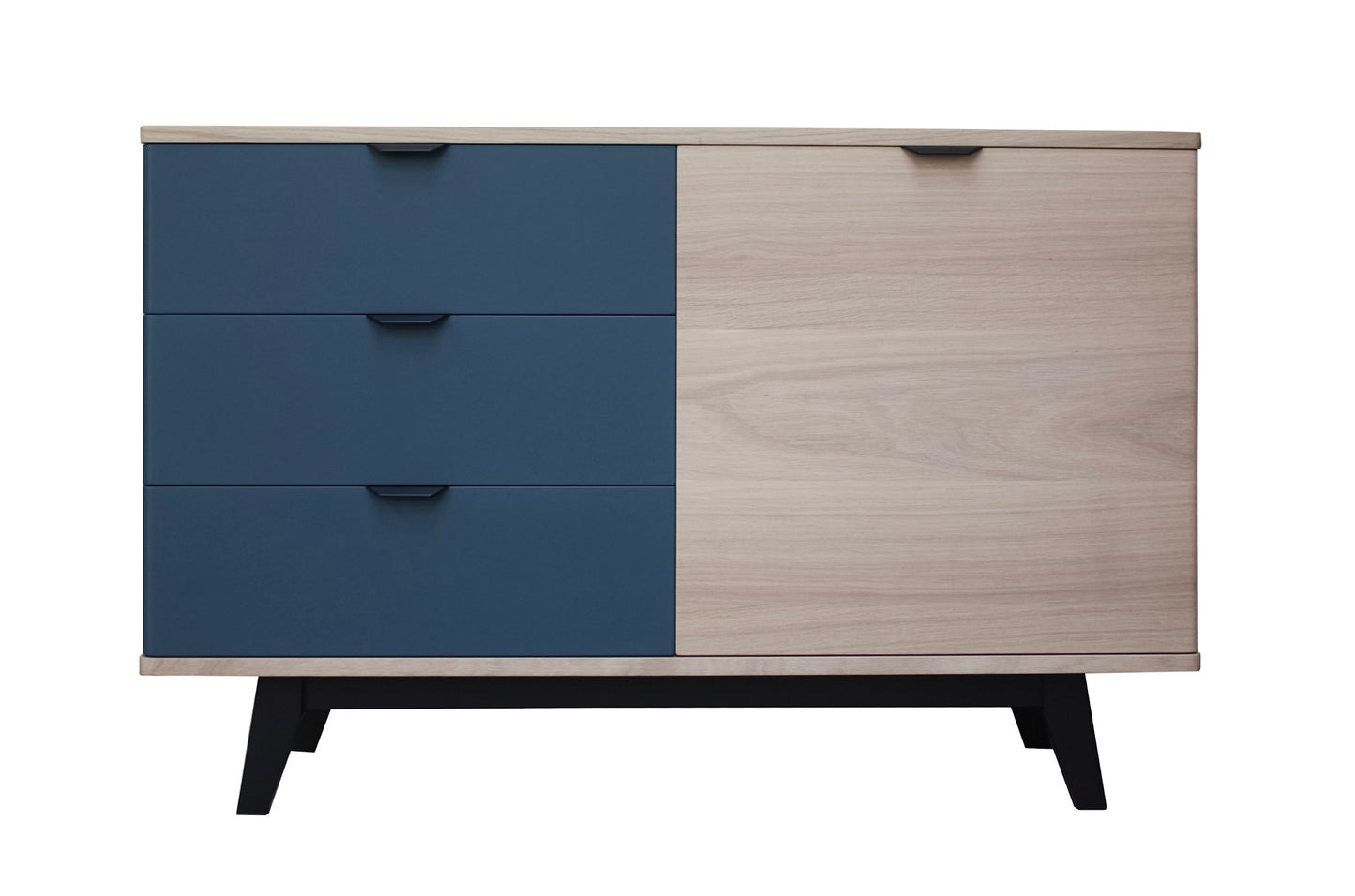 Solid bleached and lacquered oak sideboard, 3 drawers, 1 door - 130L x 48D