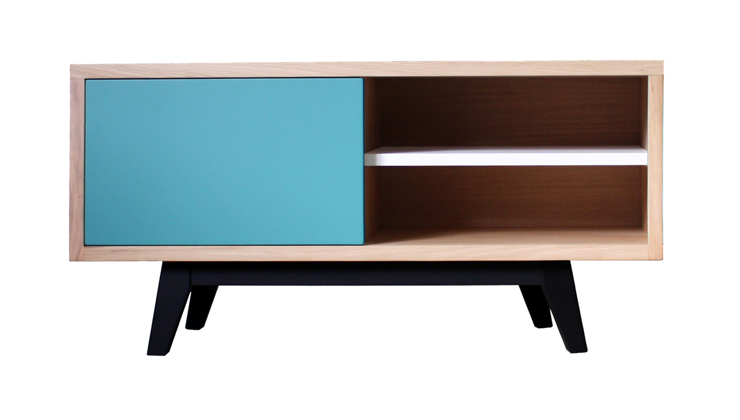 Buffet TV chêne massif et laqué 1 coulissant 1 niche