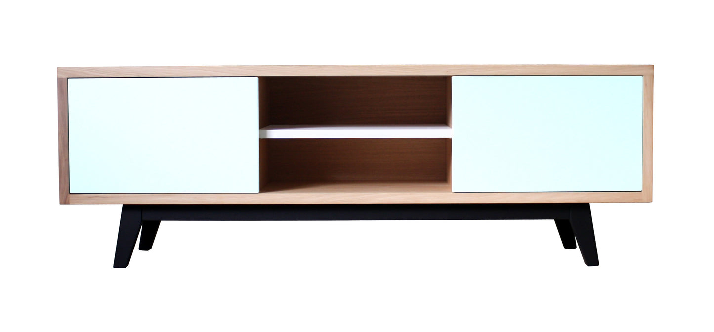Buffet TV chêne massif et laqué 2 coulissants 1 niche