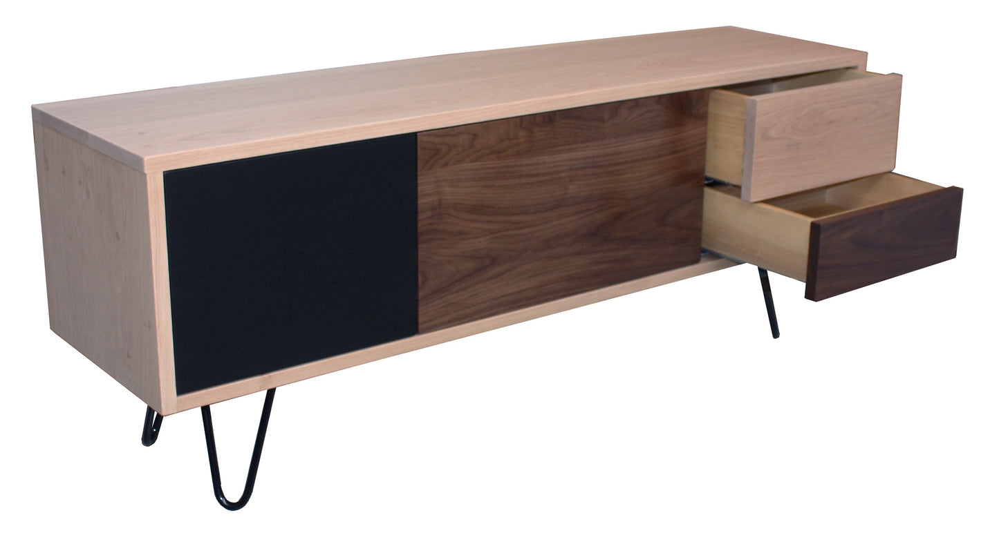 Buffet TV chêne et noyer massif 1 porte 1 abattant 2 tiroirs