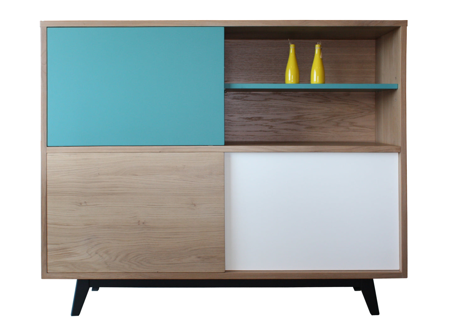 Buffet chêne massif et laqué 3 coulissants 1 niche