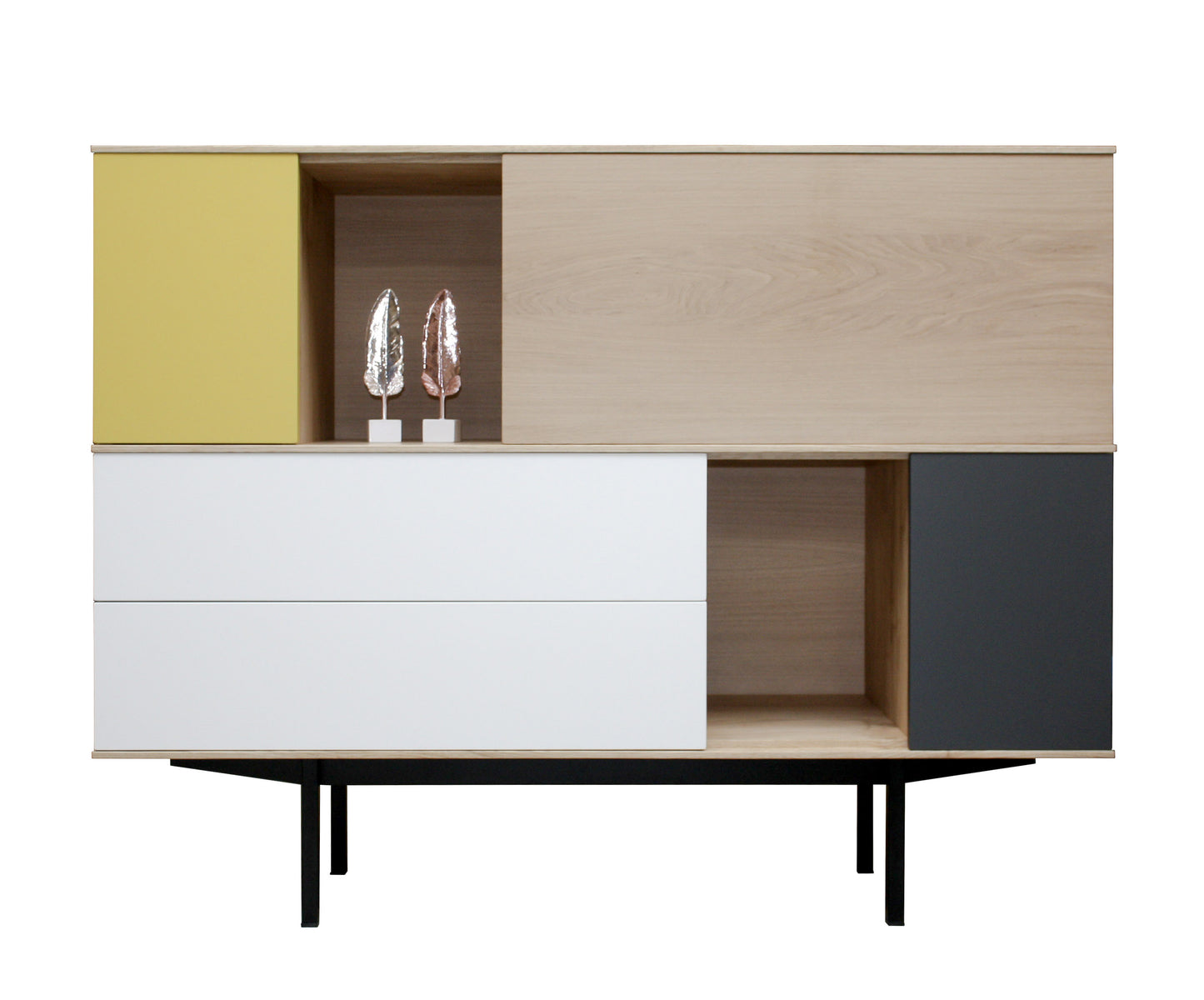 Bleached oak, lacquered and metal sideboard, 2 doors, 1 flap, 2 drawers - 150L x 46D