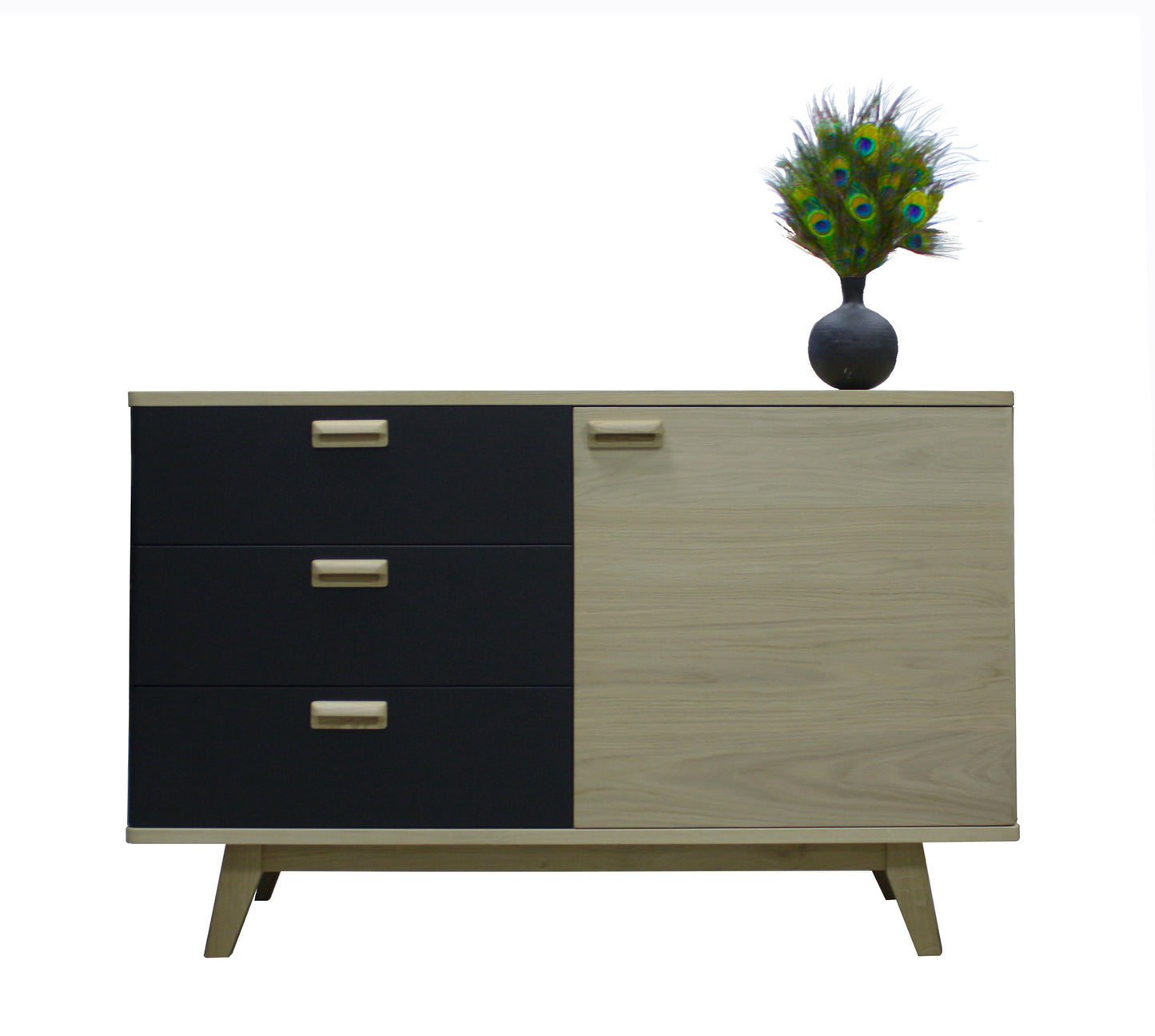 Solid bleached and lacquered oak sideboard, 3 drawers, 1 door - 130L x 48D
