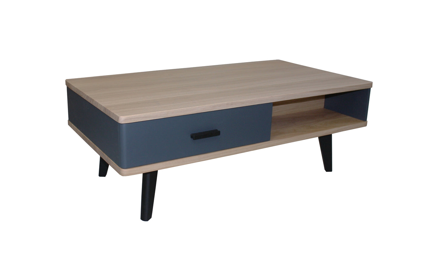 Solid and lacquered oak coffee table, 2 drawers, 2 niches - 110L x 60D