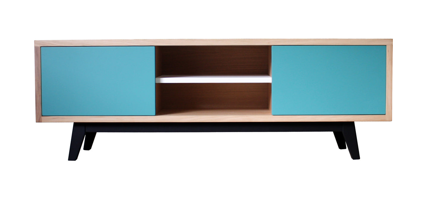 Buffet TV chêne massif et laqué 2 coulissants 1 niche