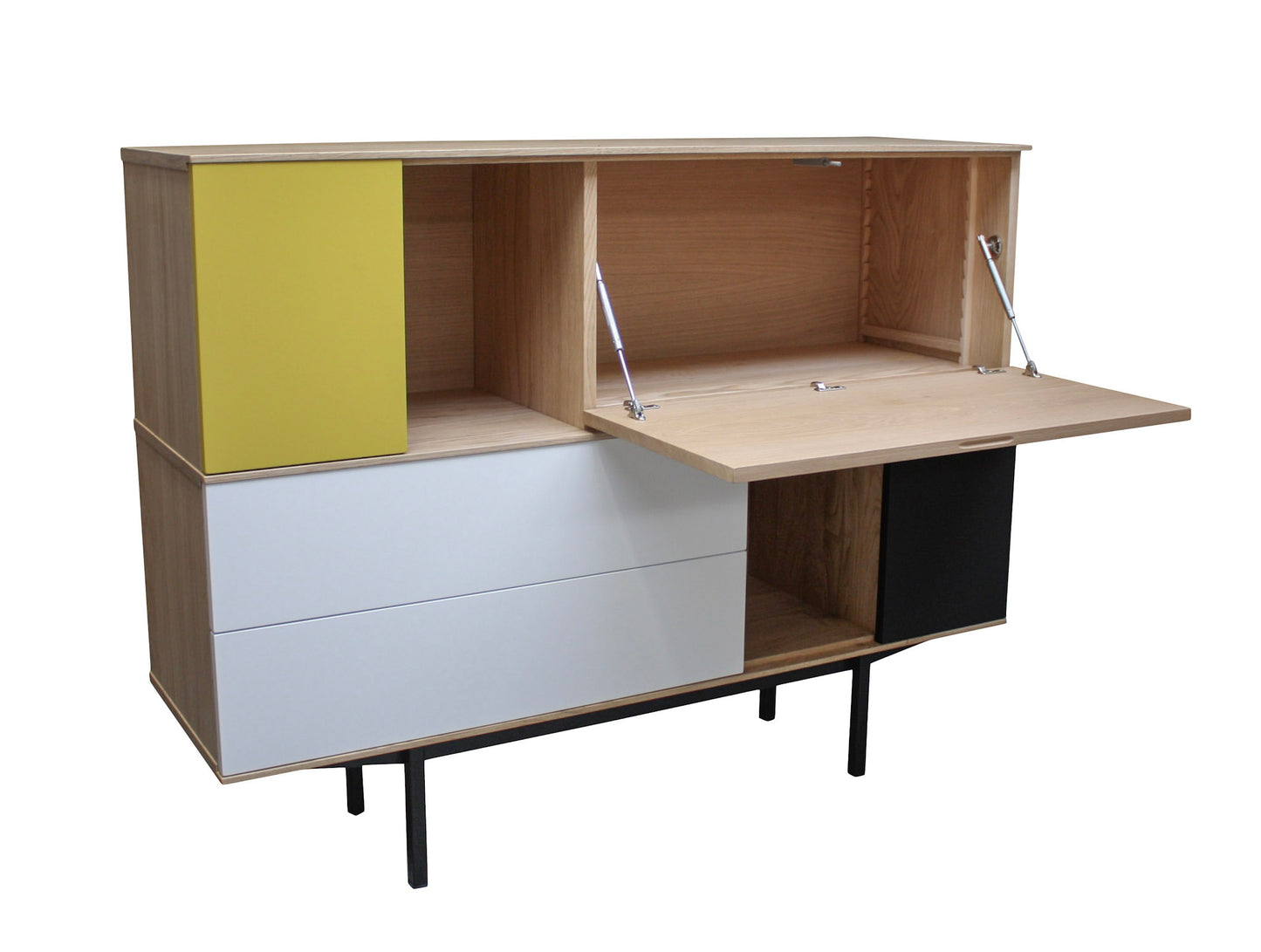 Bleached oak, lacquered and metal sideboard, 2 doors, 1 flap, 2 drawers - 150L x 46D
