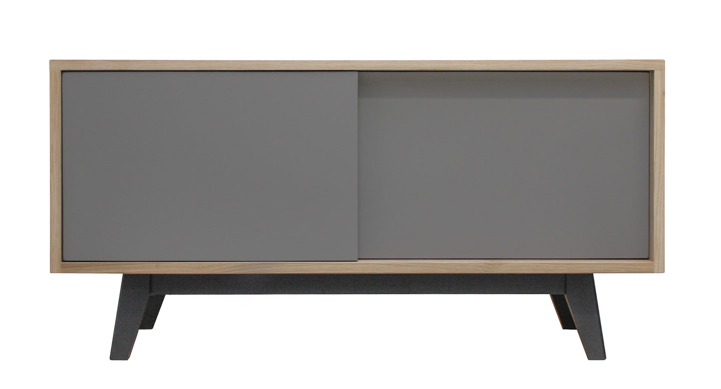 Solid whitewashed and lacquered oak TV sideboard, 2 sliding doors - 110L x 44D