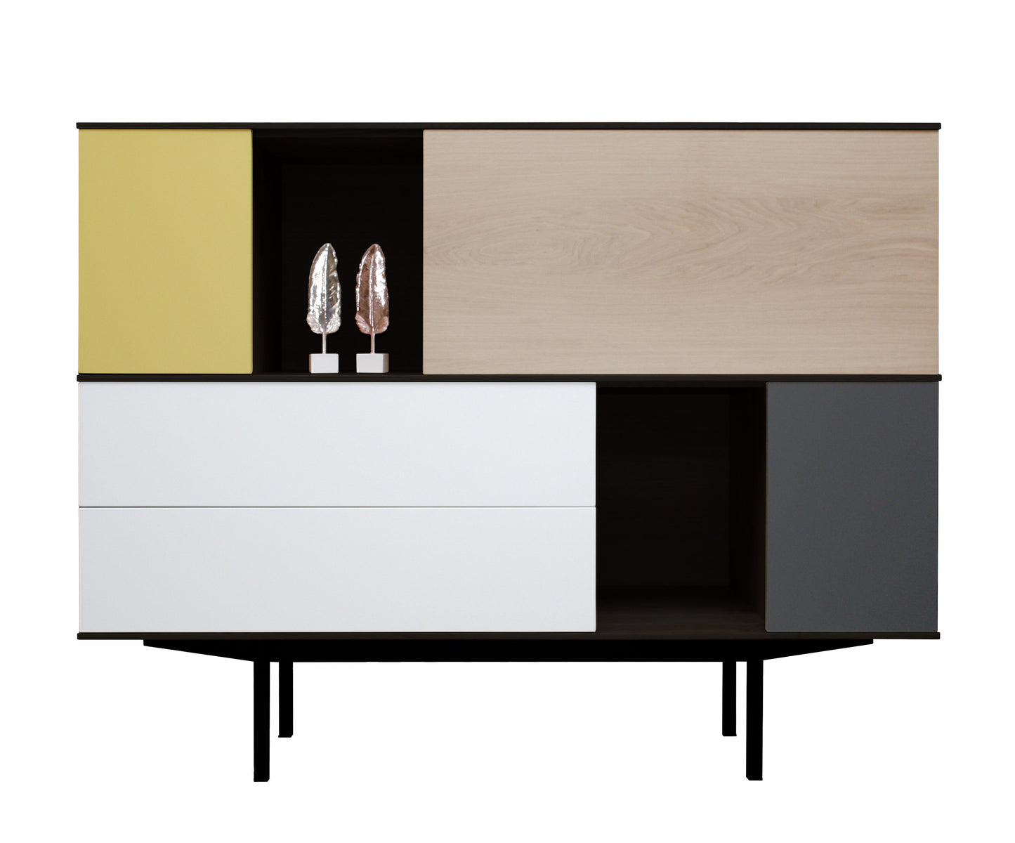 Bleached oak, lacquered and metal sideboard, 2 doors, 1 flap, 2 drawers - 150L x 46D
