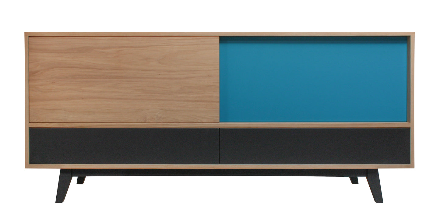 Solid and lacquered natural walnut sideboard, 2 sliding doors, 2 drawers - 185L x 48D