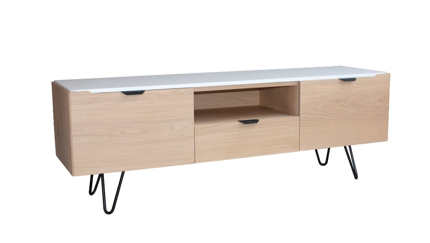 Buffet TV chêne massif et laqué blanc 2 portes 1 tiroir