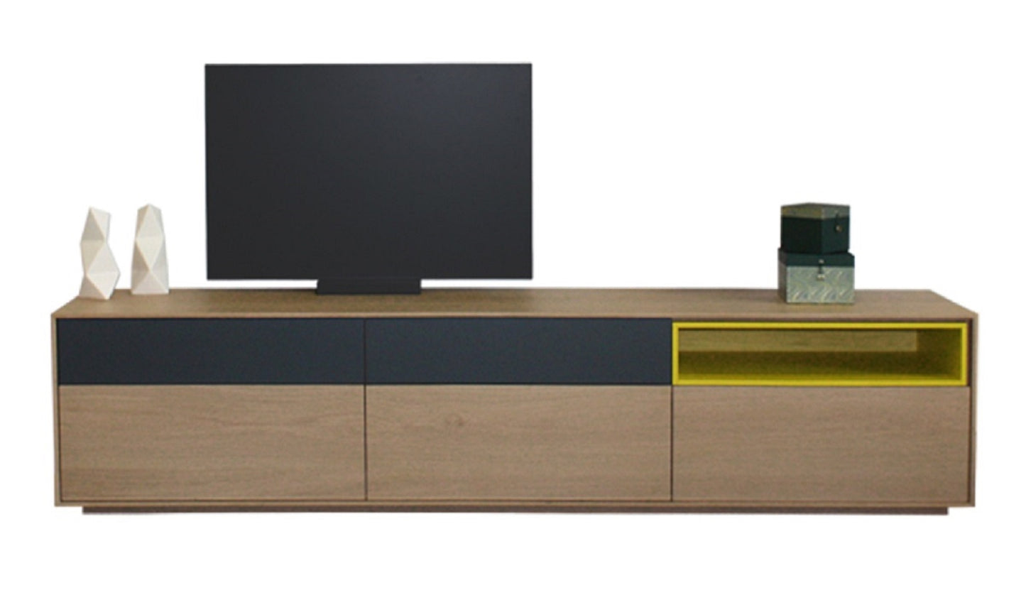 Buffet TV chêne massif et laqué 5 tiroirs 1 niche -