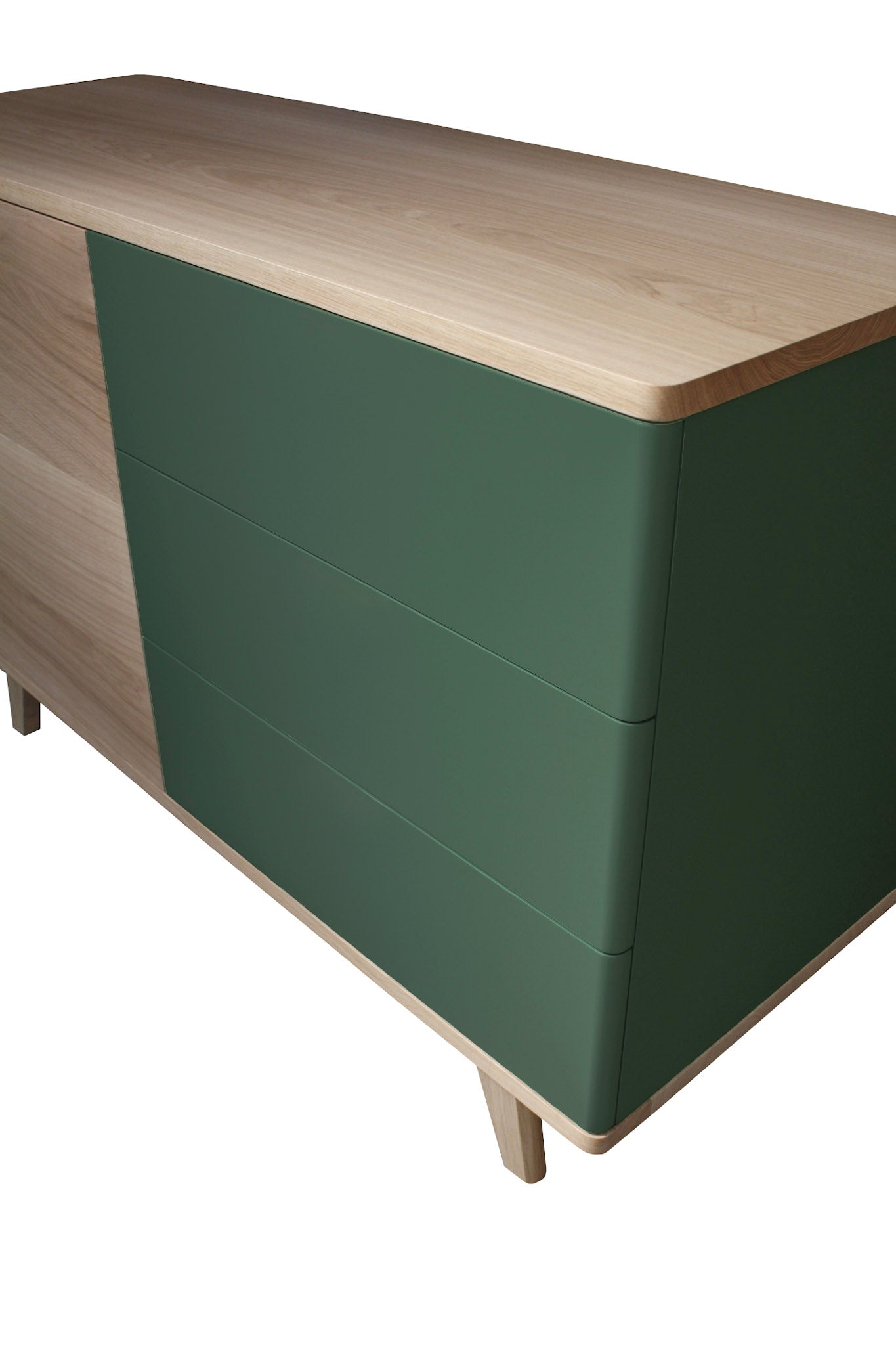 Solid bleached and lacquered oak sideboard, 3 drawers, 1 door - 130L x 48D