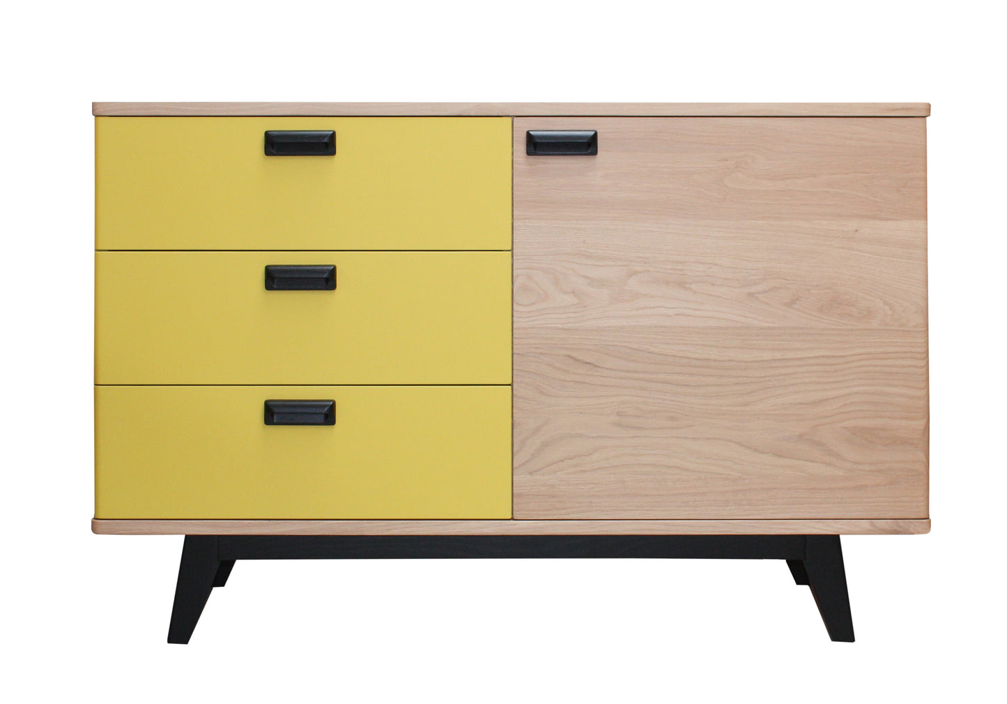 Solid bleached and lacquered oak sideboard, 3 drawers, 1 door - 130L x 48D