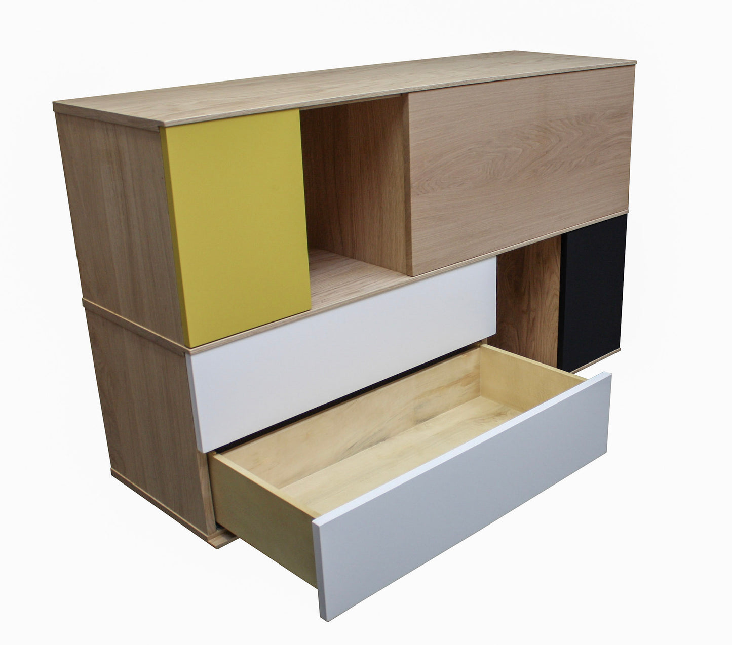Bleached oak, lacquered and metal sideboard, 2 doors, 1 flap, 2 drawers - 150L x 46D