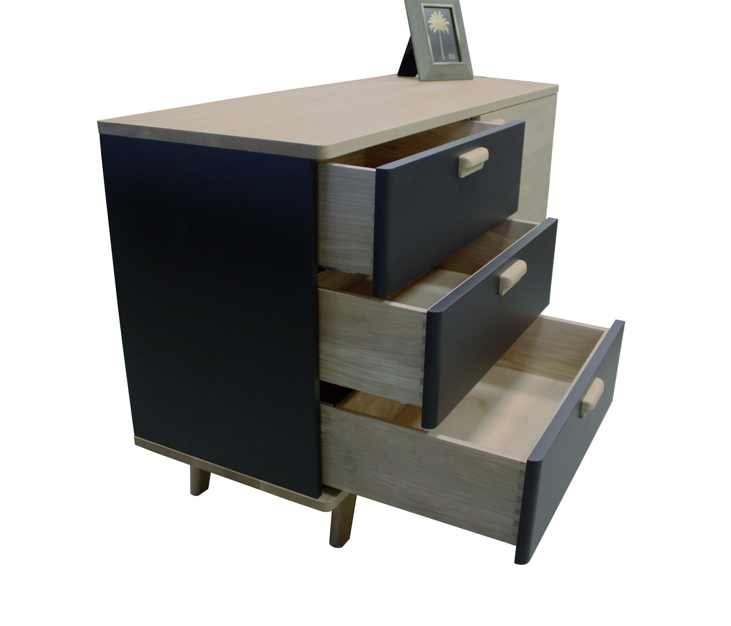 Solid bleached and lacquered oak sideboard, 3 drawers, 1 door - 130L x 48D