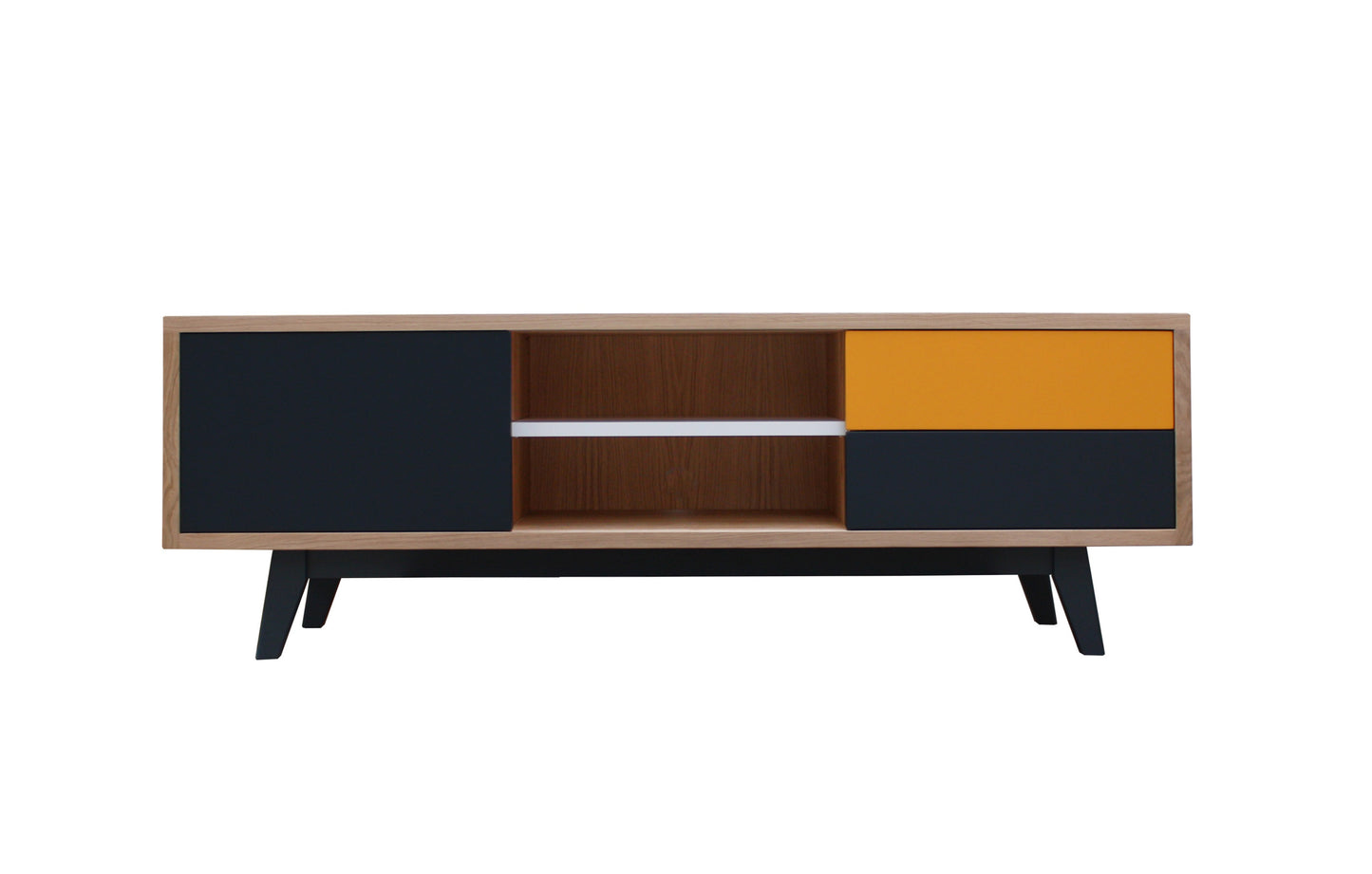 Solid whitewashed and lacquered oak TV sideboard, 1 sliding 1 niche 2 drawers - 160L x 44D