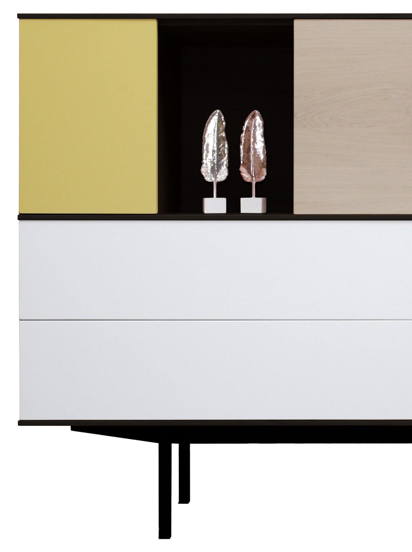 Bleached oak, lacquered and metal sideboard, 2 doors, 1 flap, 2 drawers - 150L x 46D