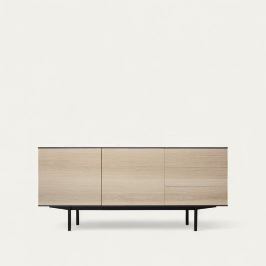 Bleached oak, black wenge and metal sideboard, 2 doors, 3 drawers - 180L x 48D