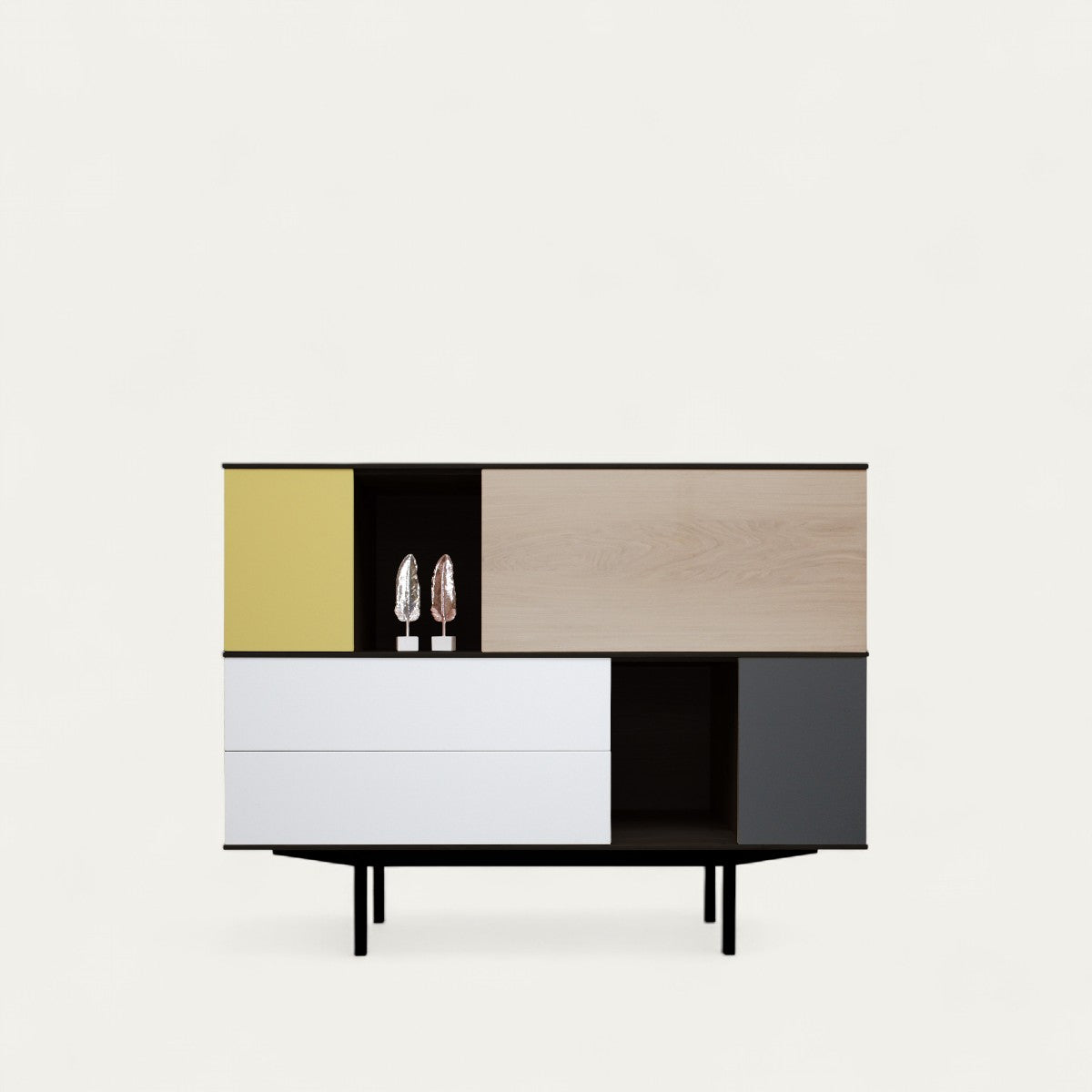 Bleached oak, lacquered and metal sideboard, 2 doors, 1 flap, 2 drawers - 150L x 46D