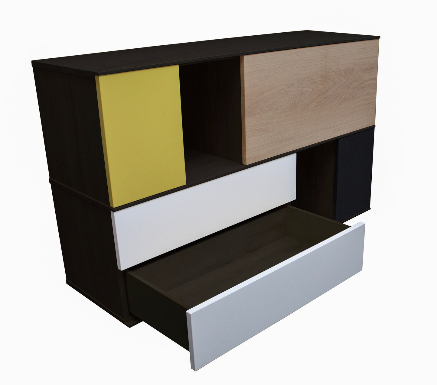 Bleached oak, lacquered and metal sideboard, 2 doors, 1 flap, 2 drawers - 150L x 46D
