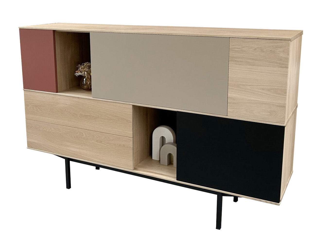 Bleached oak, lacquered and metal sideboard, 2 doors, 1 flap, 2 drawers - 150L x 46D