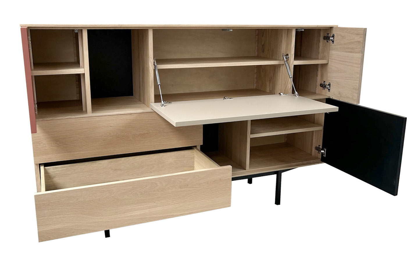 Bleached oak, lacquered and metal sideboard, 2 doors, 1 flap, 2 drawers - 150L x 46D