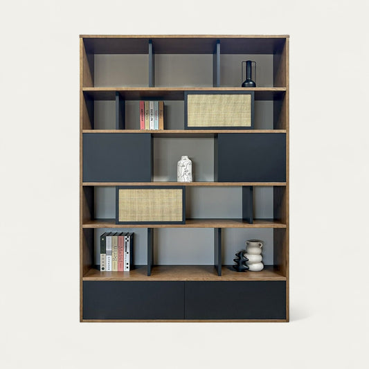 Bibliothèque châtaignier teinté noyer, laque et cannage