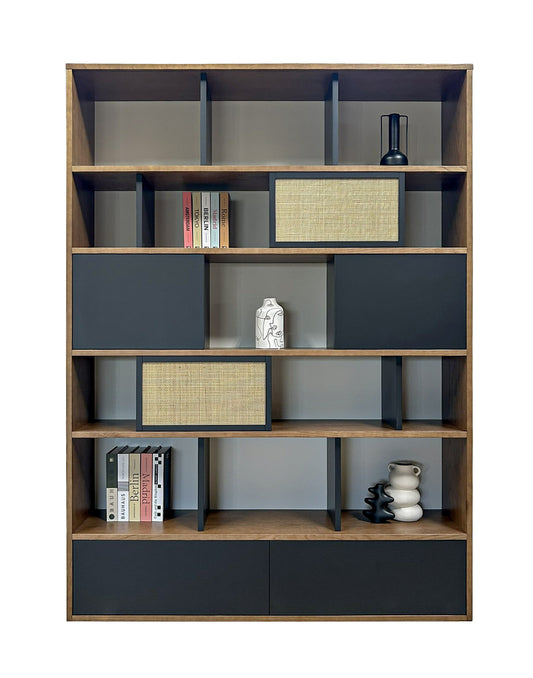 Bibliothèque châtaignier teinté noyer, laque et cannage