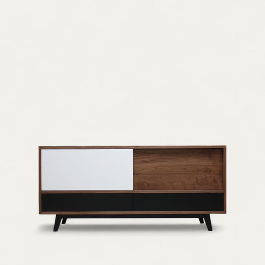 Solid and lacquered natural walnut sideboard, 2 sliding doors, 2 drawers - 185L x 48D