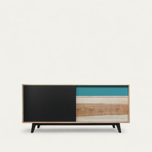 Solid bleached and lacquered ash sideboard, 3 sliding doors - 185L x 48D
