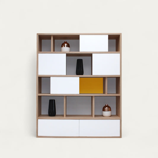 Solid and lacquered oak bookcase, 2 drawers, 4 doors - 140L x 38D