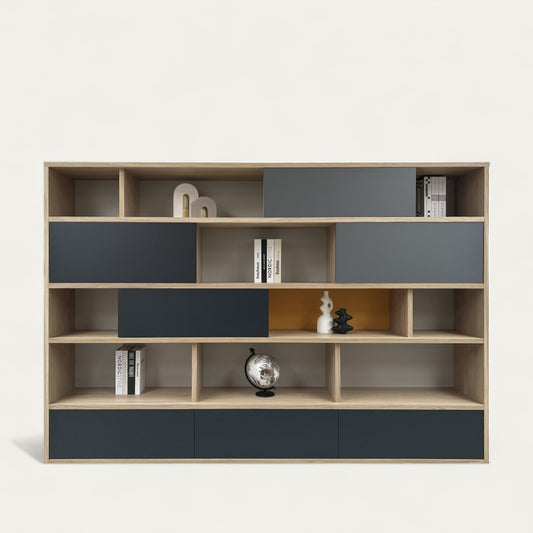 Solid and lacquered oak bookcase, 3 drawers, 4 doors - 250L x 38D