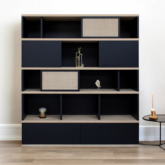 Solid and lacquered chestnut bookcase, 2 drawers, 4 doors - 150L x 38D