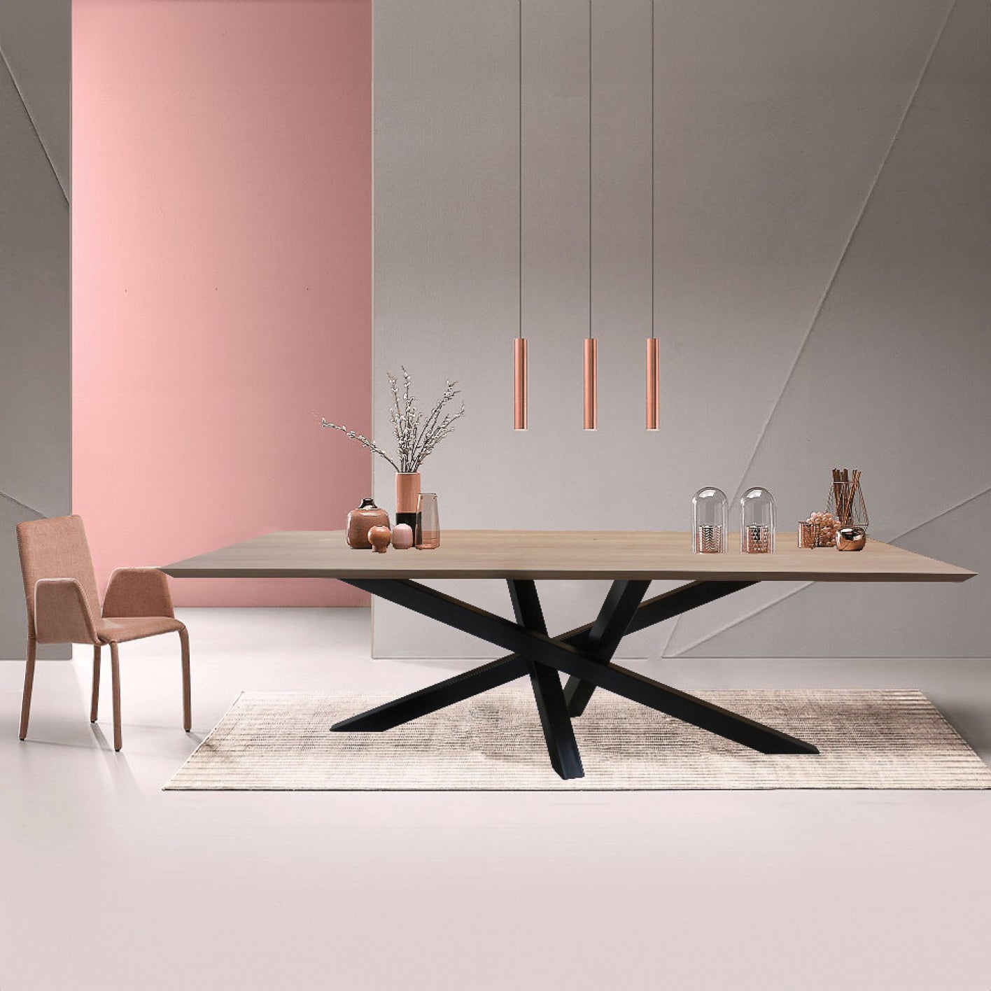 Rectangular Mikado table in bleached oak and metal - 180L x 100D