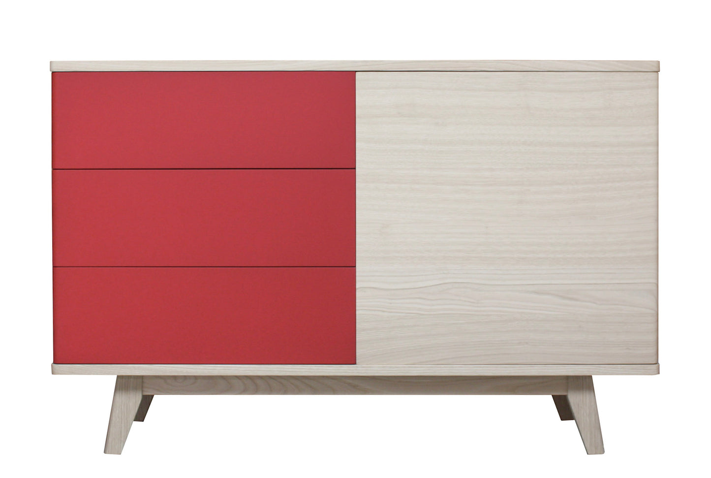 Solid bleached and lacquered oak sideboard, 3 drawers, 1 door - 130L x 48D