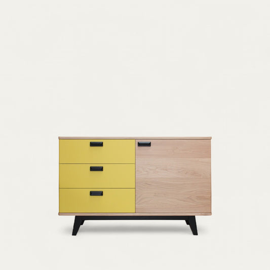 Solid bleached and lacquered oak sideboard, 3 drawers, 1 door - 130L x 48D