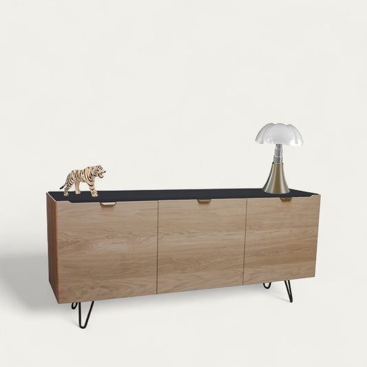 Bleached and black lacquered oak sideboard, 3 doors - 185L x 48D