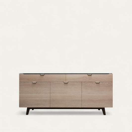 Bleached oak and black lacquered sideboard, 3 doors and 2 drawers - 185L x 48D