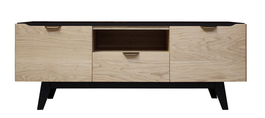 Buffet TV chêne massif et laqué 2 portes 1 tiroir 1 niche