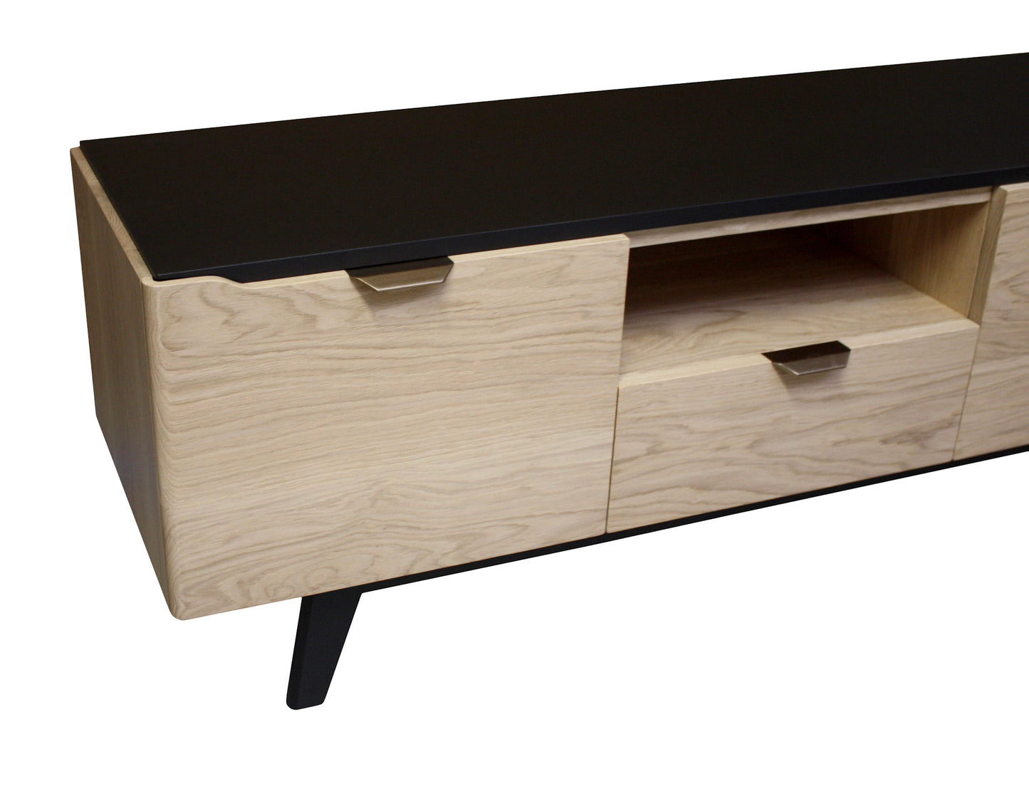 Buffet TV chêne massif et laqué 2 portes 1 tiroir 1 niche