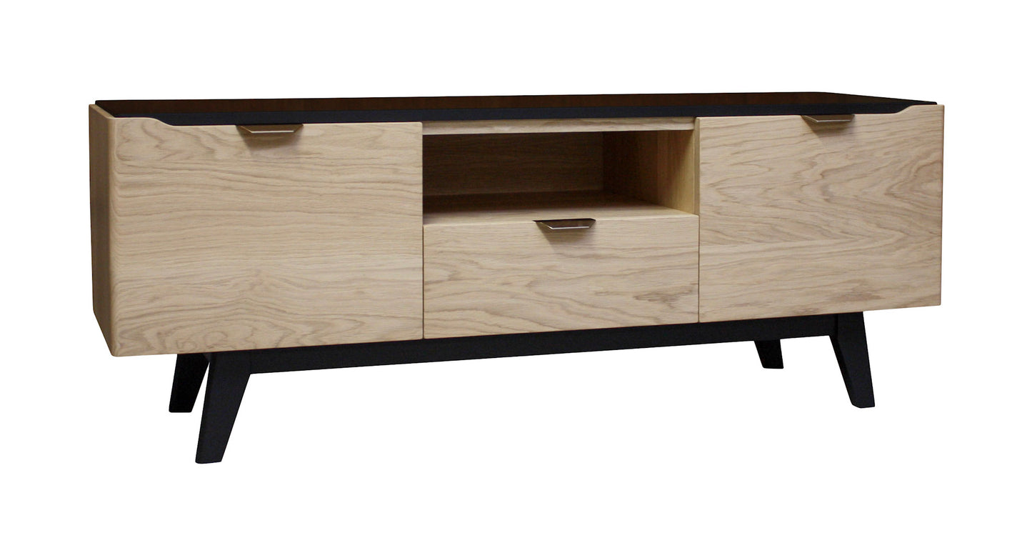 Buffet TV chêne massif et laqué 2 portes 1 tiroir 1 niche