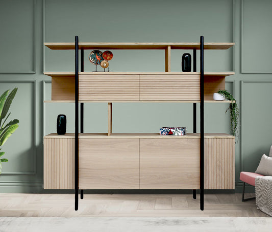 Bleached oak and black wenge shelf sideboard, 4 doors and 2 flaps