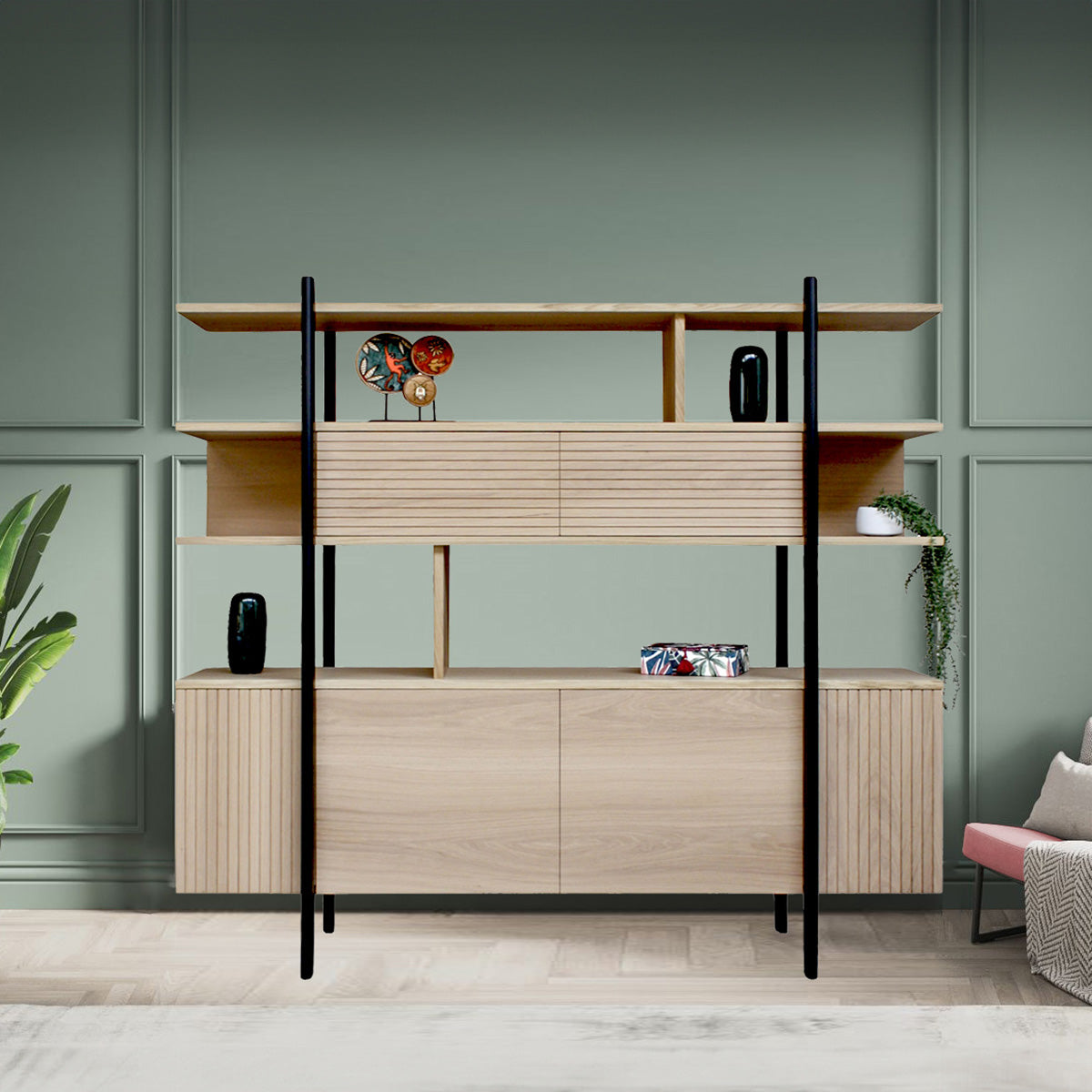 Bleached oak and black wenge shelf sideboard, 4 doors and 2 flaps